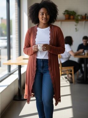Women's Rust Lace-Trim Long Cardigan Sweater